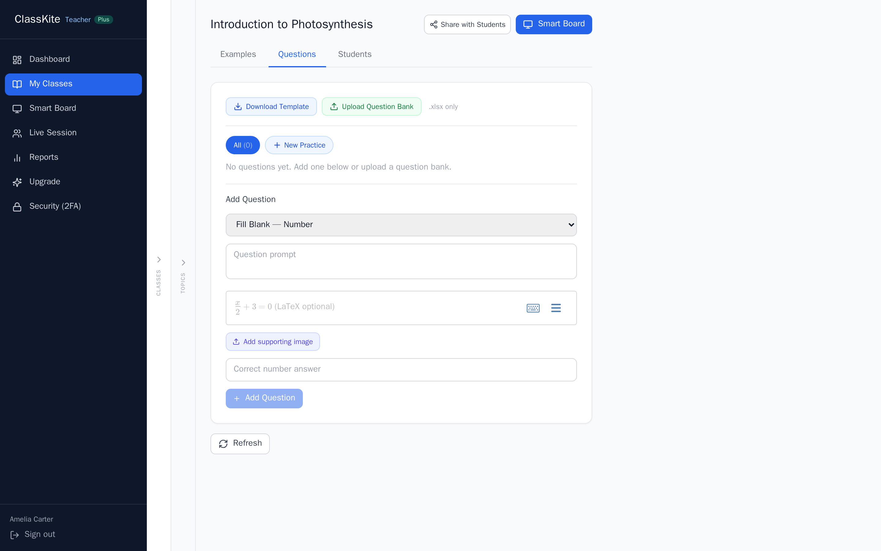 The question bank toolbar with Download Template and Upload Question Bank buttons