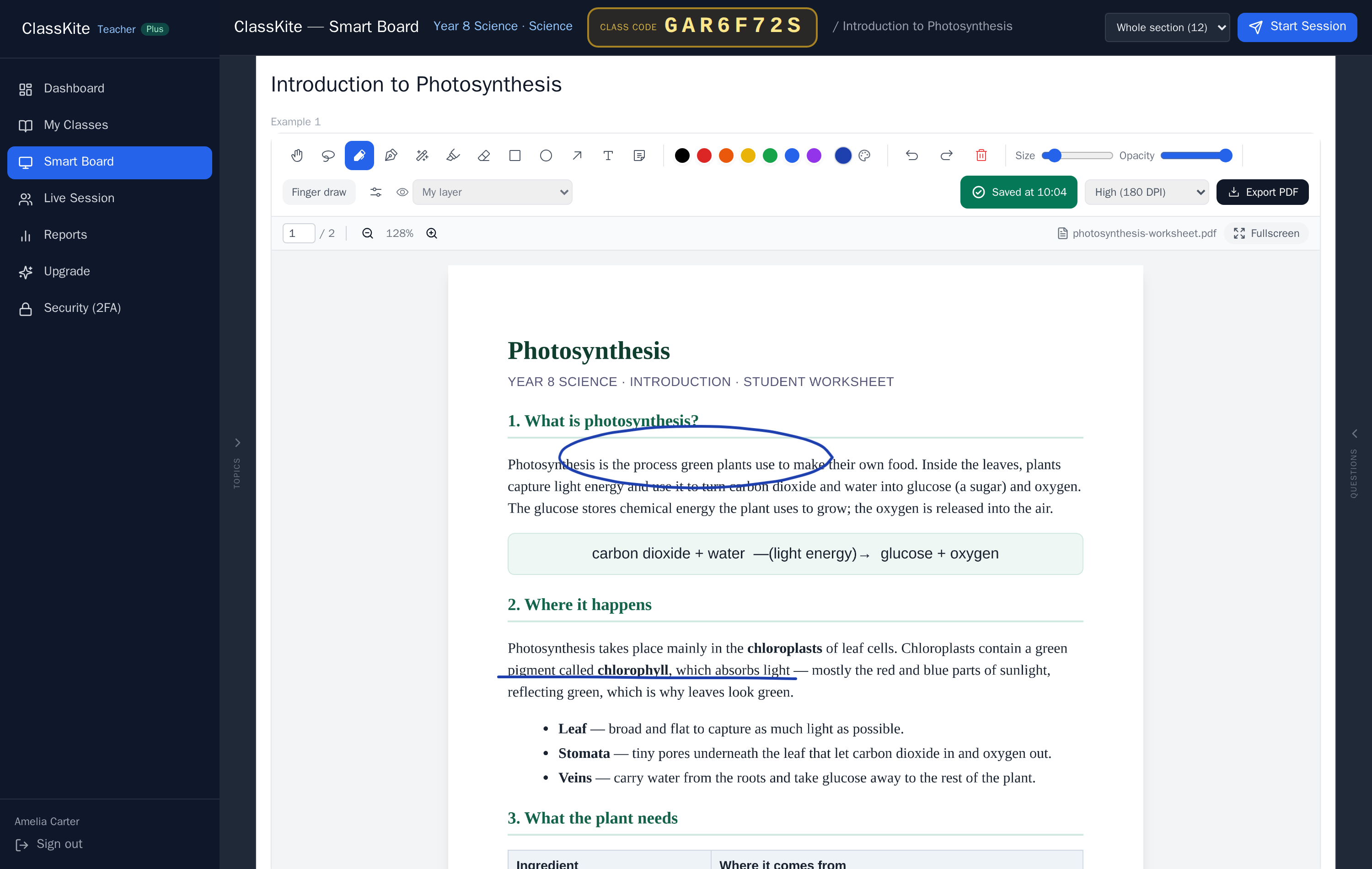 Annotating a photosynthesis worksheet live on the ClassKite smart board