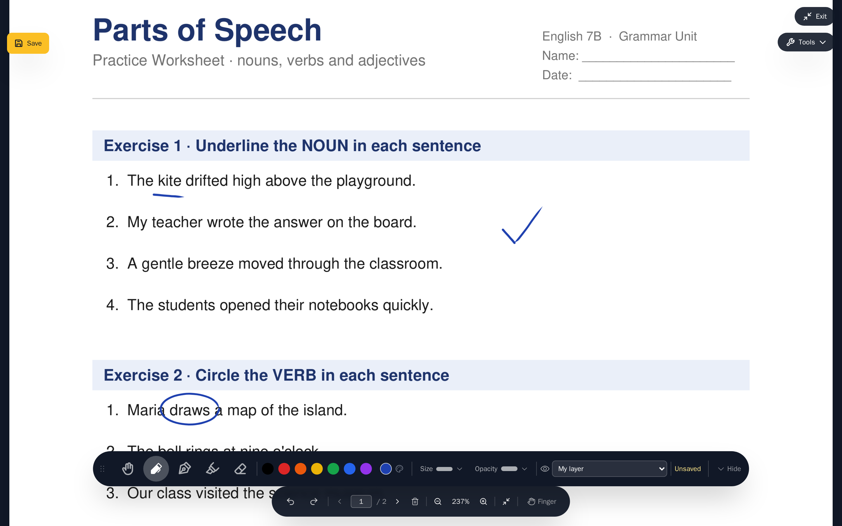 Annotating in Fullscreen view: the page has the whole display and the toolbar floats at the bottom - underline, circle and tick drawn with the pen tool, saved automatically.