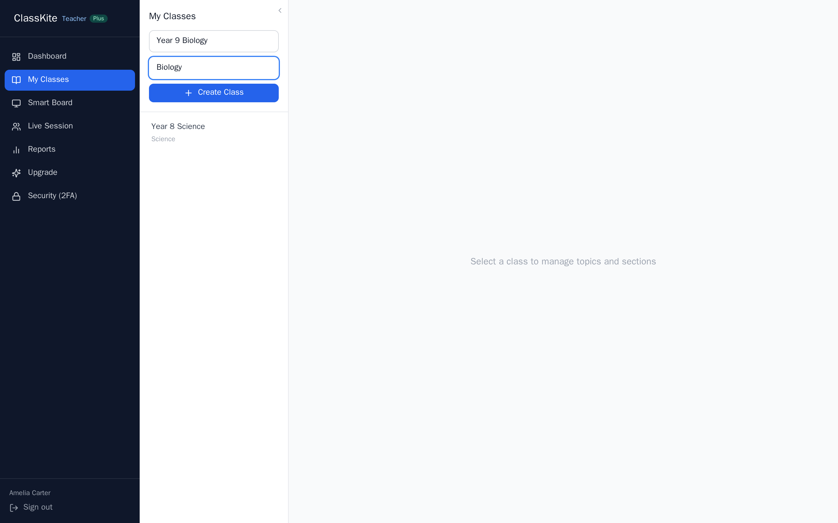Creating a class in ClassKite by entering a name and subject