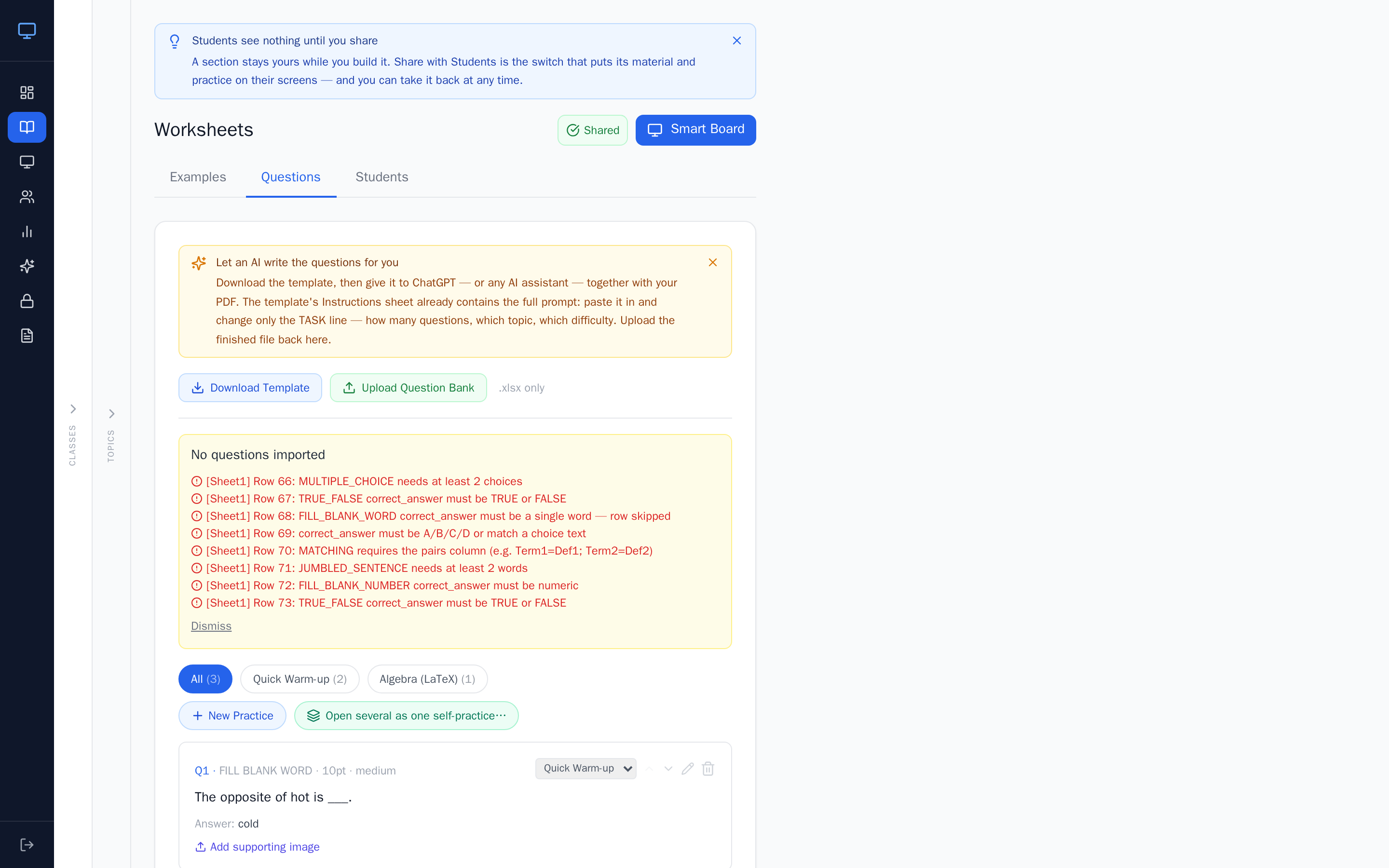 A rejected file: every problem row is listed with its row number and the reason. This is the text to copy back to your AI assistant.