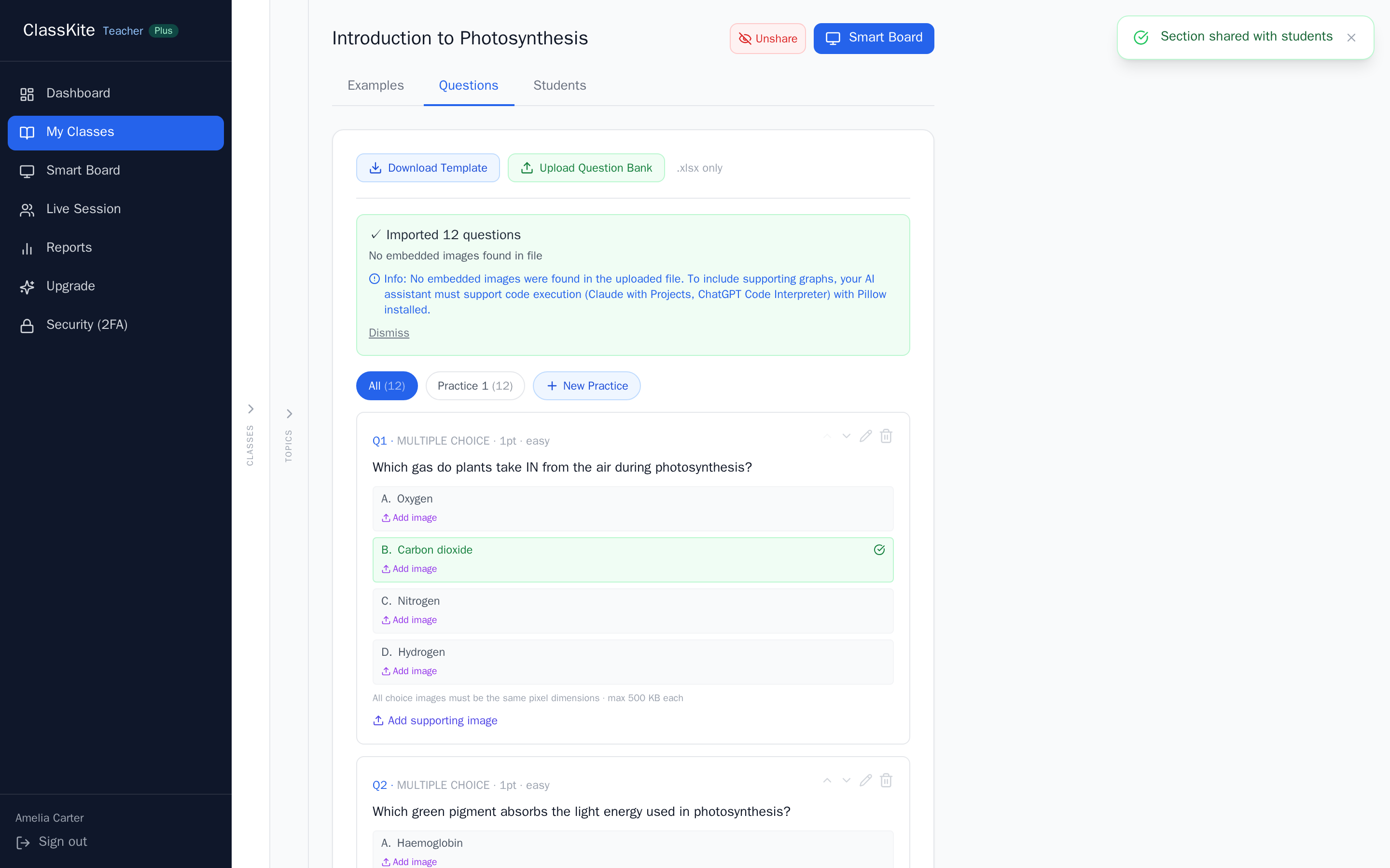 A section marked as shared with students in ClassKite