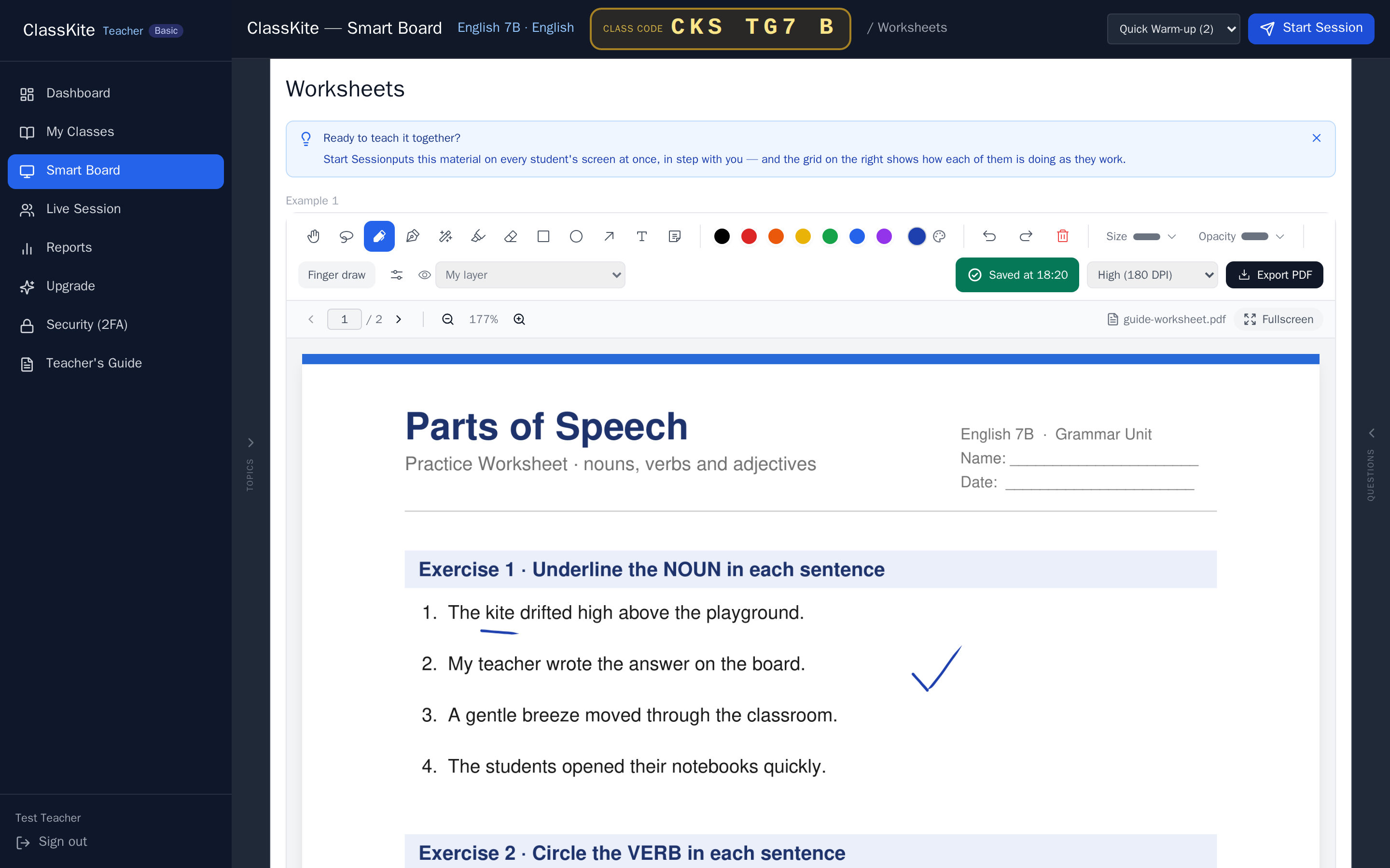 Choosing the concept's practice in the Smart Board header, with the ink from the explanation still on the page. The count in brackets is how many questions it holds.