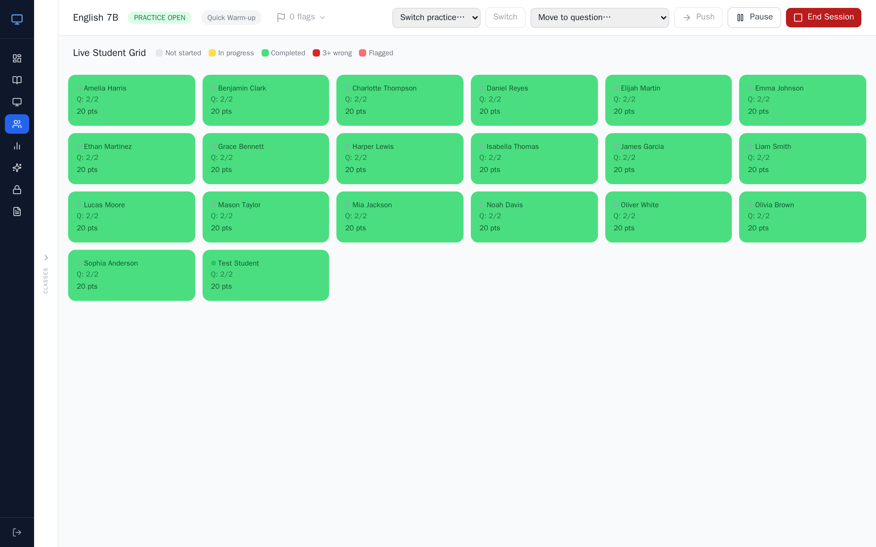 Every student green: the whole class has answered every question, and no hand is still raised. This is what you are waiting for before you end the session.