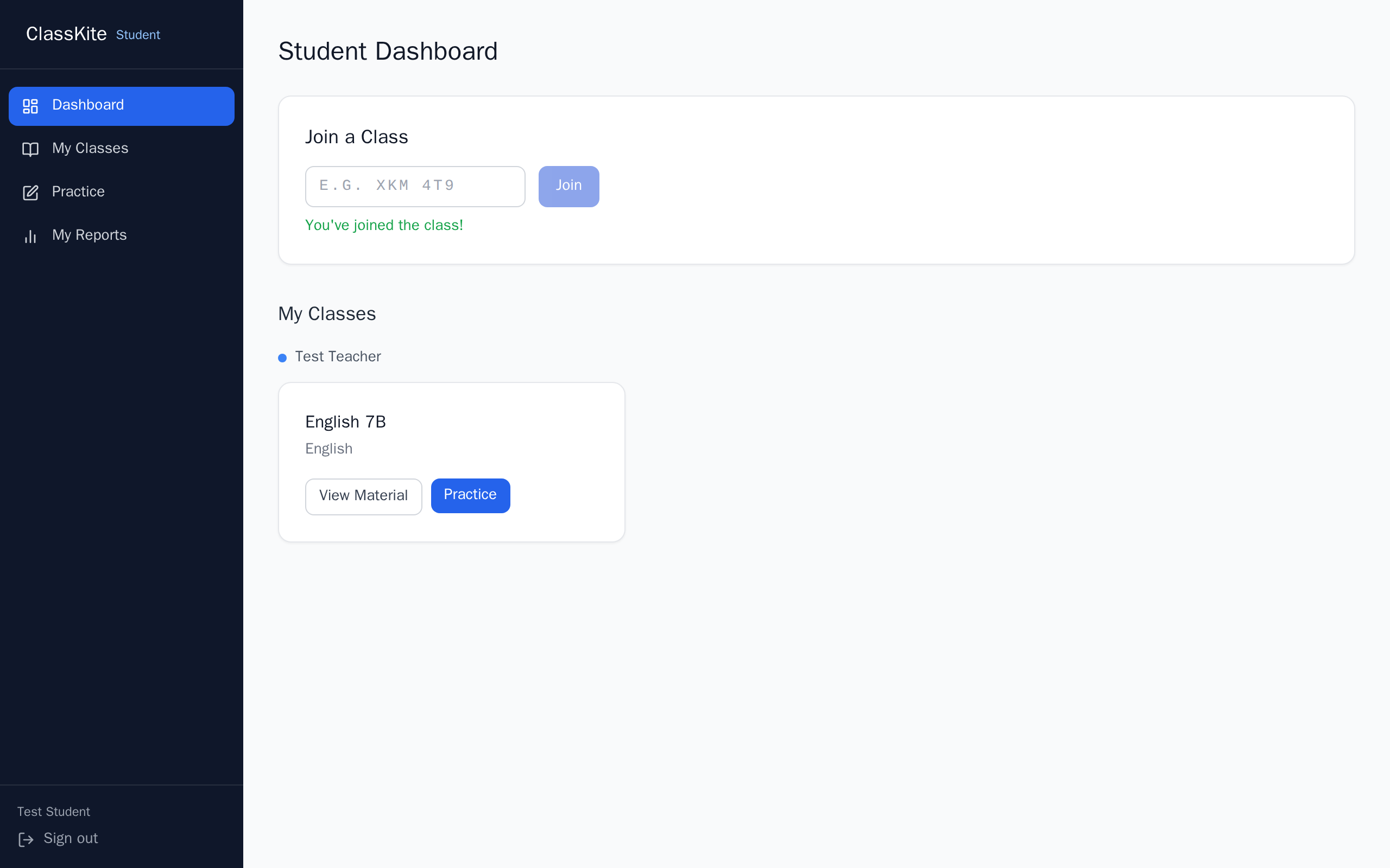 What students see: entering the join code on the student dashboard enrols them in your class.