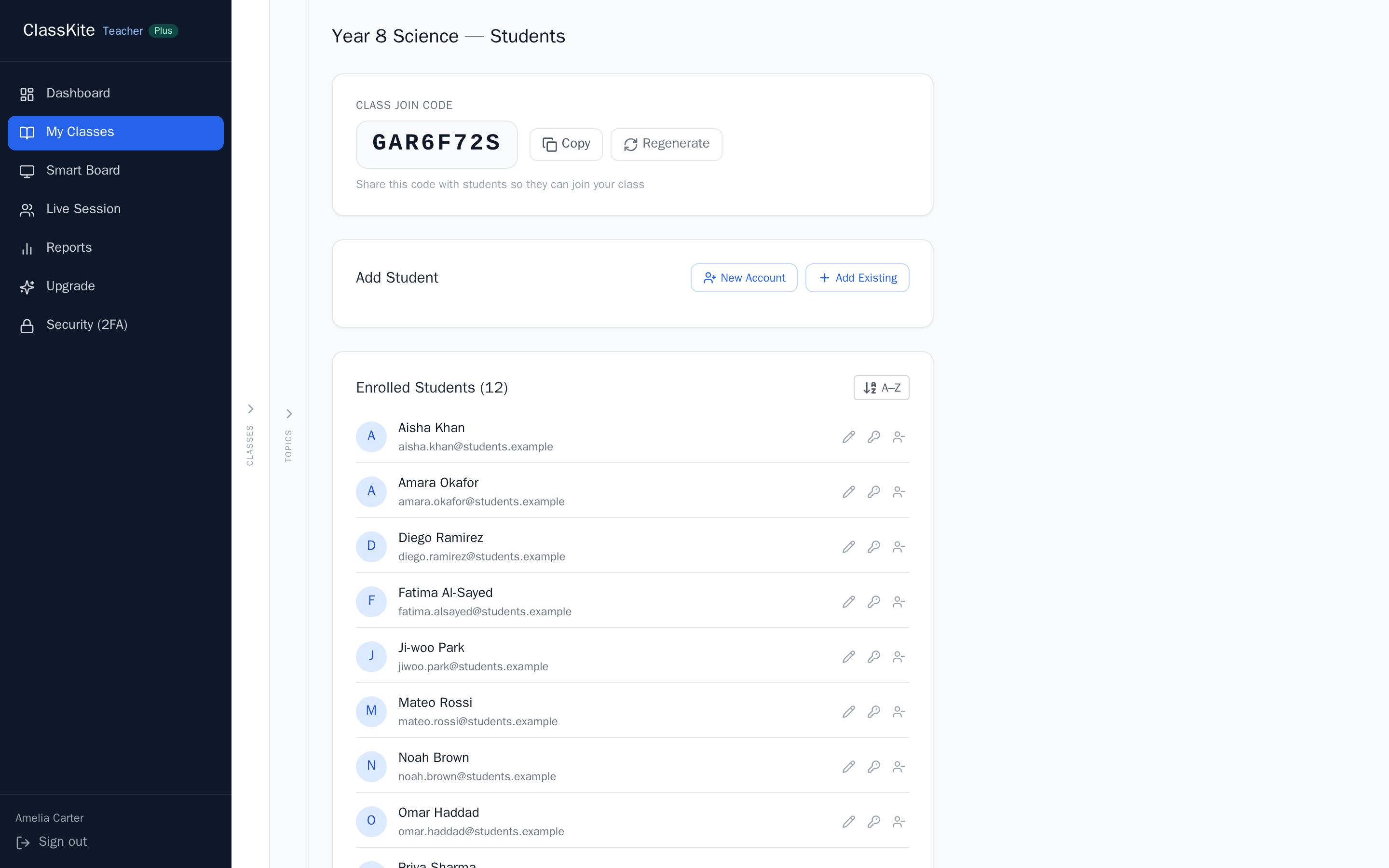 The class join code panel and enrolled students list in ClassKite