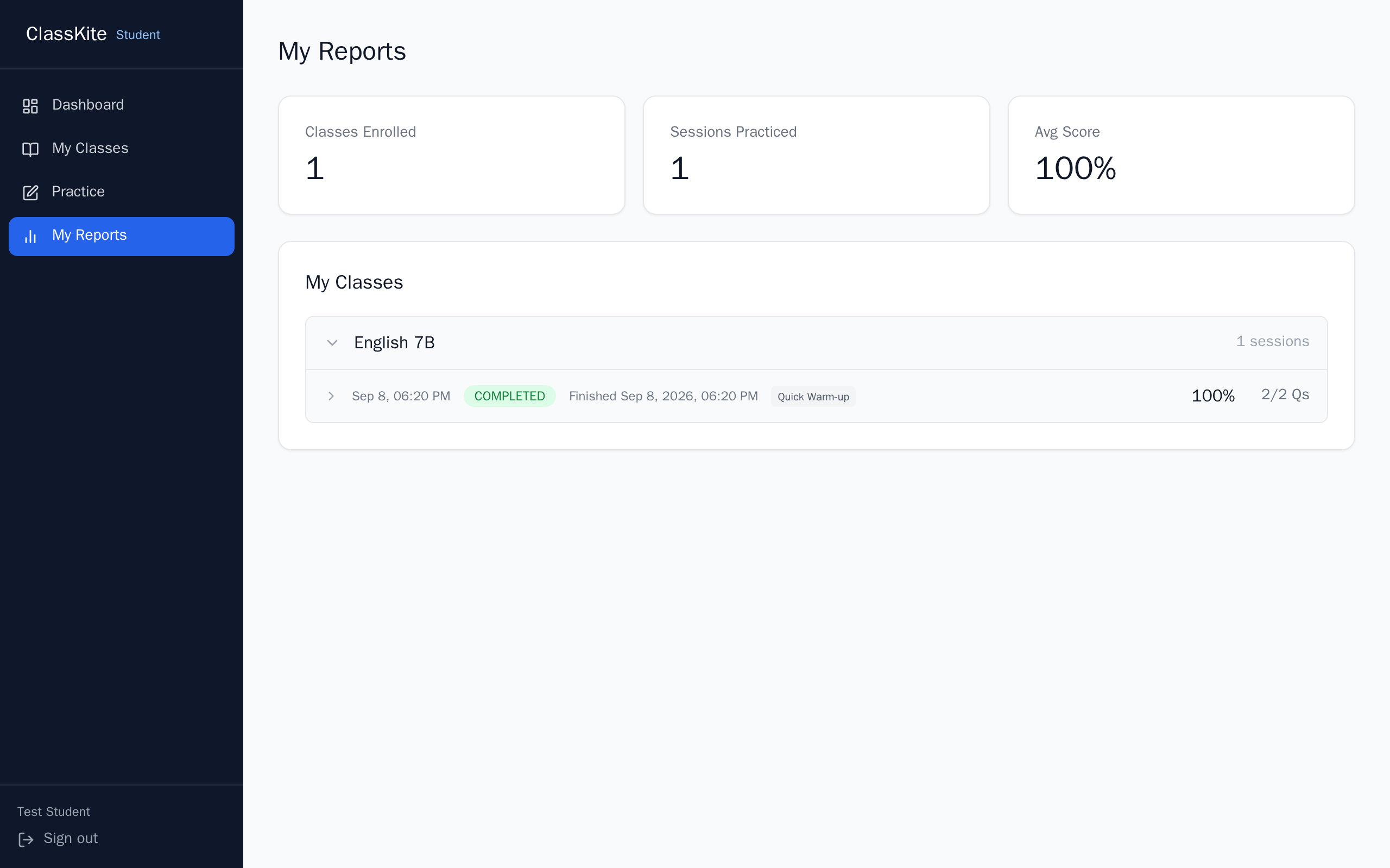 Students have a My Reports page of their own, showing their score for each completed practice - their record stays private to them and you.