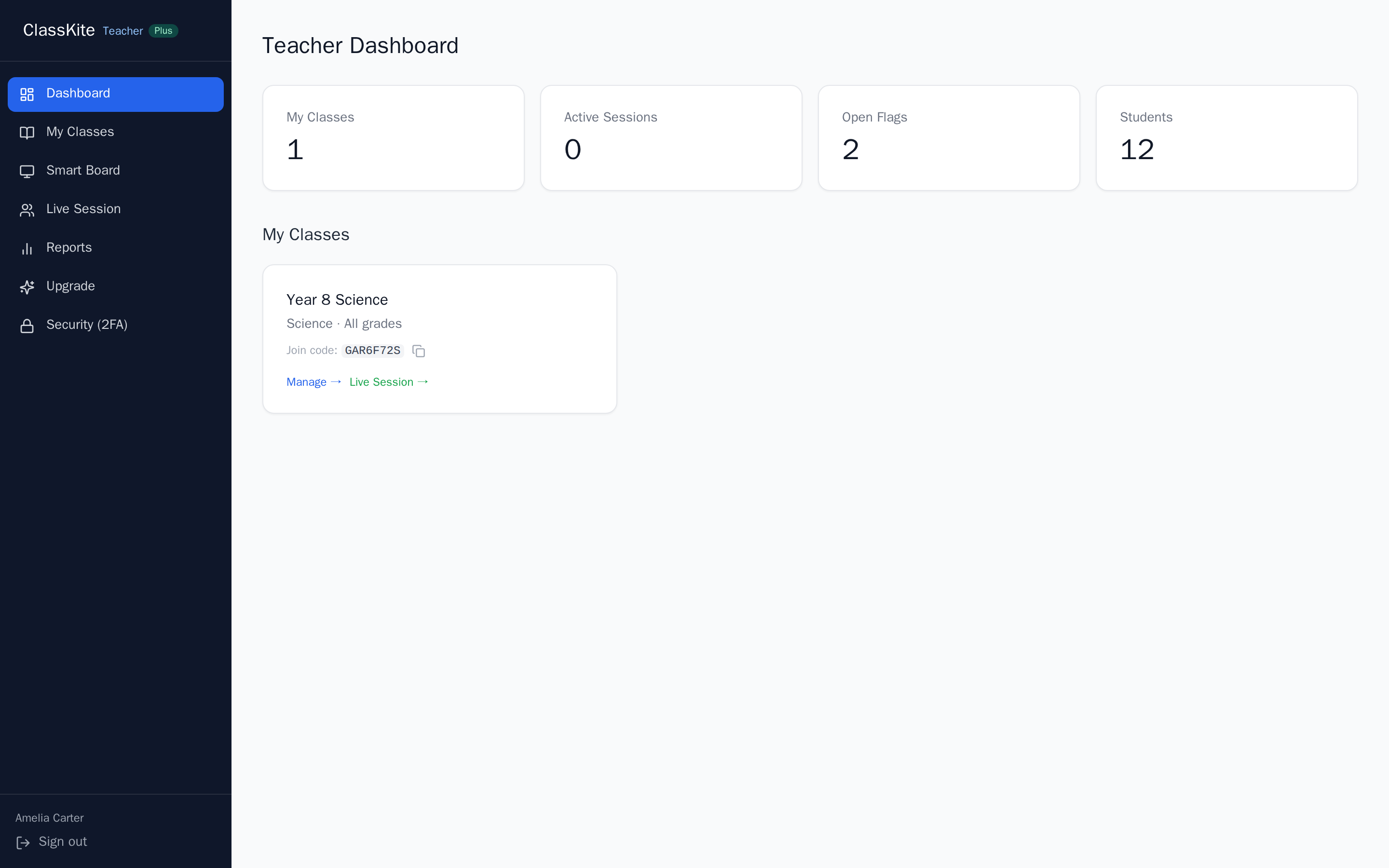 The ClassKite teacher dashboard showing a class card with its join code