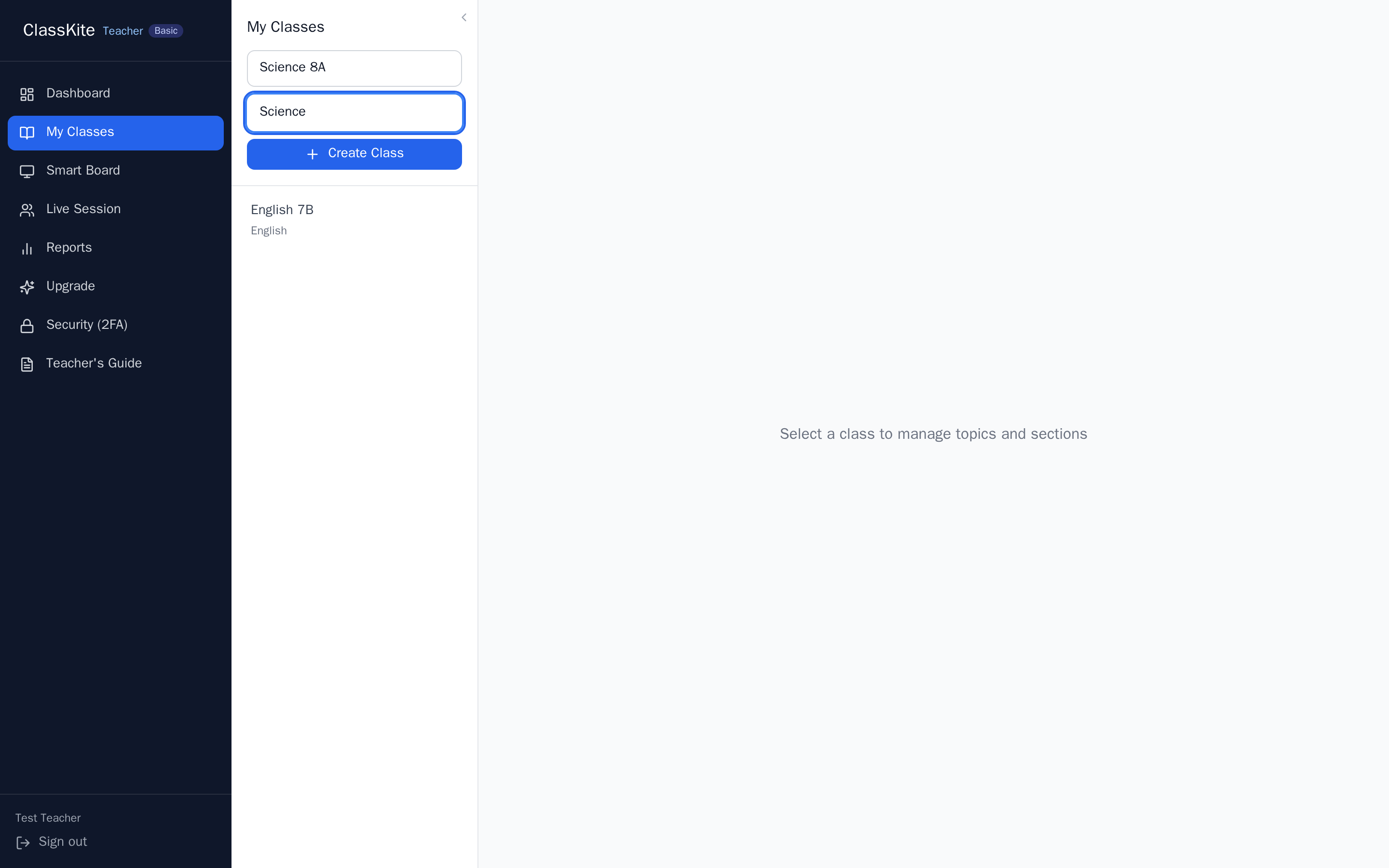 The Classes page: name + subject, then Create Class. Existing classes are listed below.
