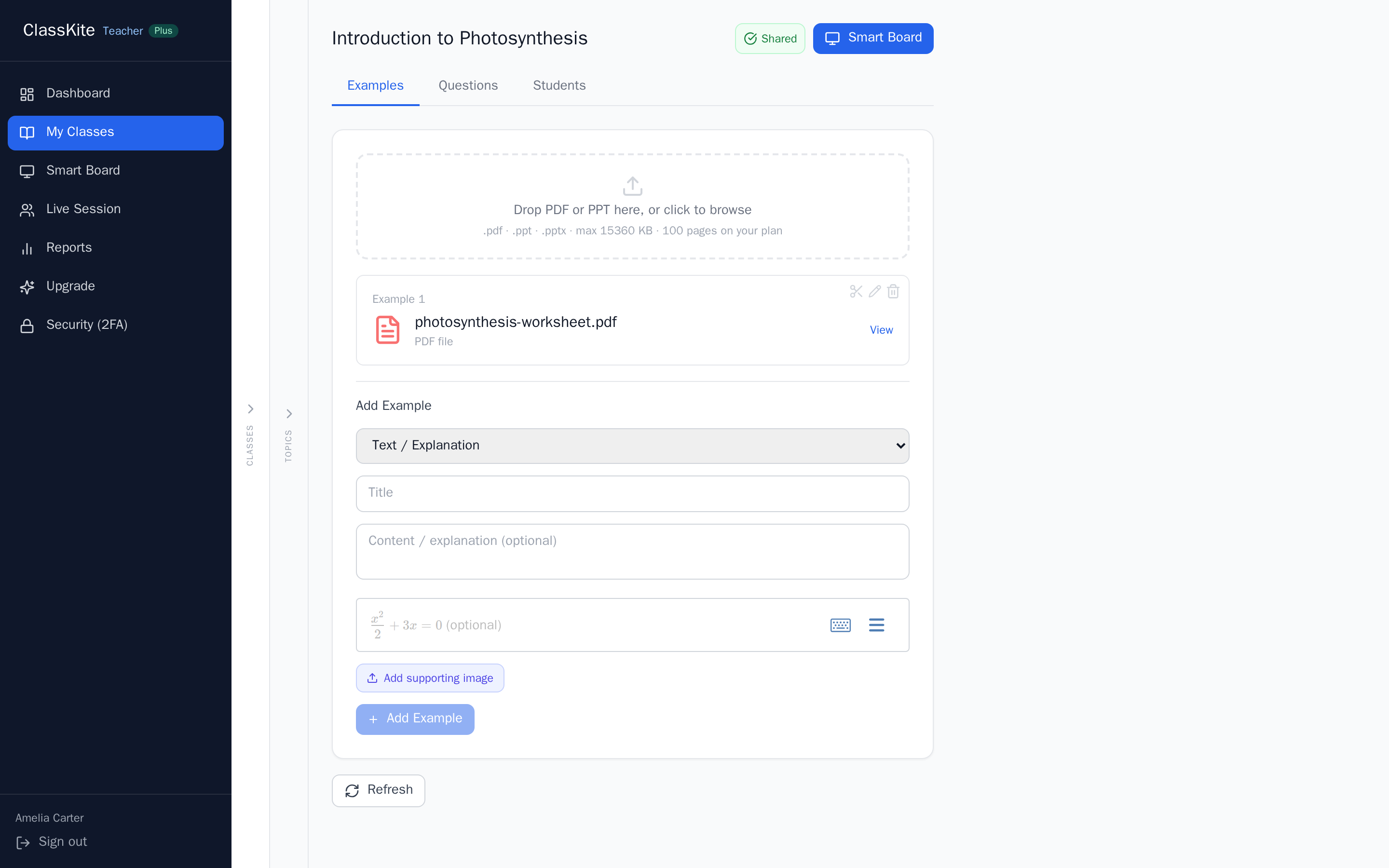 Uploading a PDF worksheet to a section's Examples tab in ClassKite