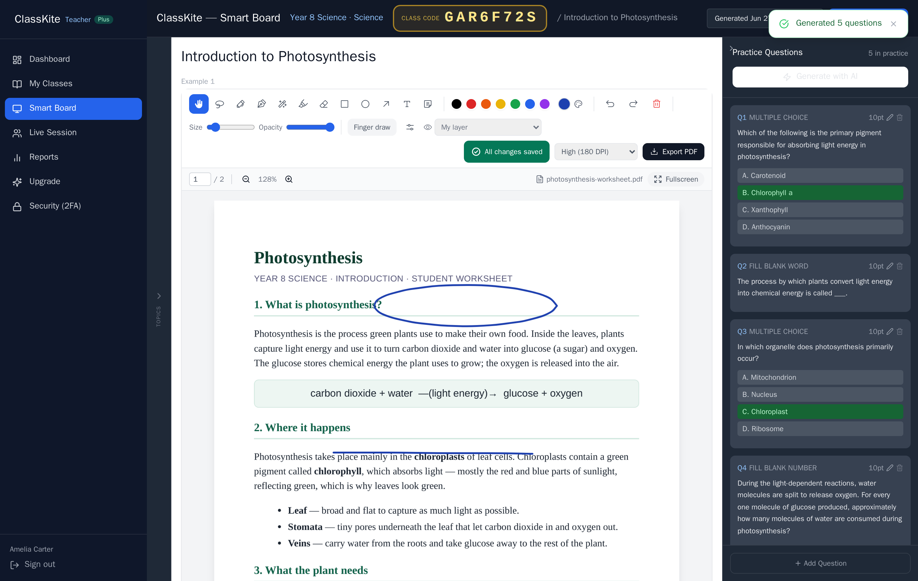 The built-in AI generator producing photosynthesis questions on the ClassKite smart board