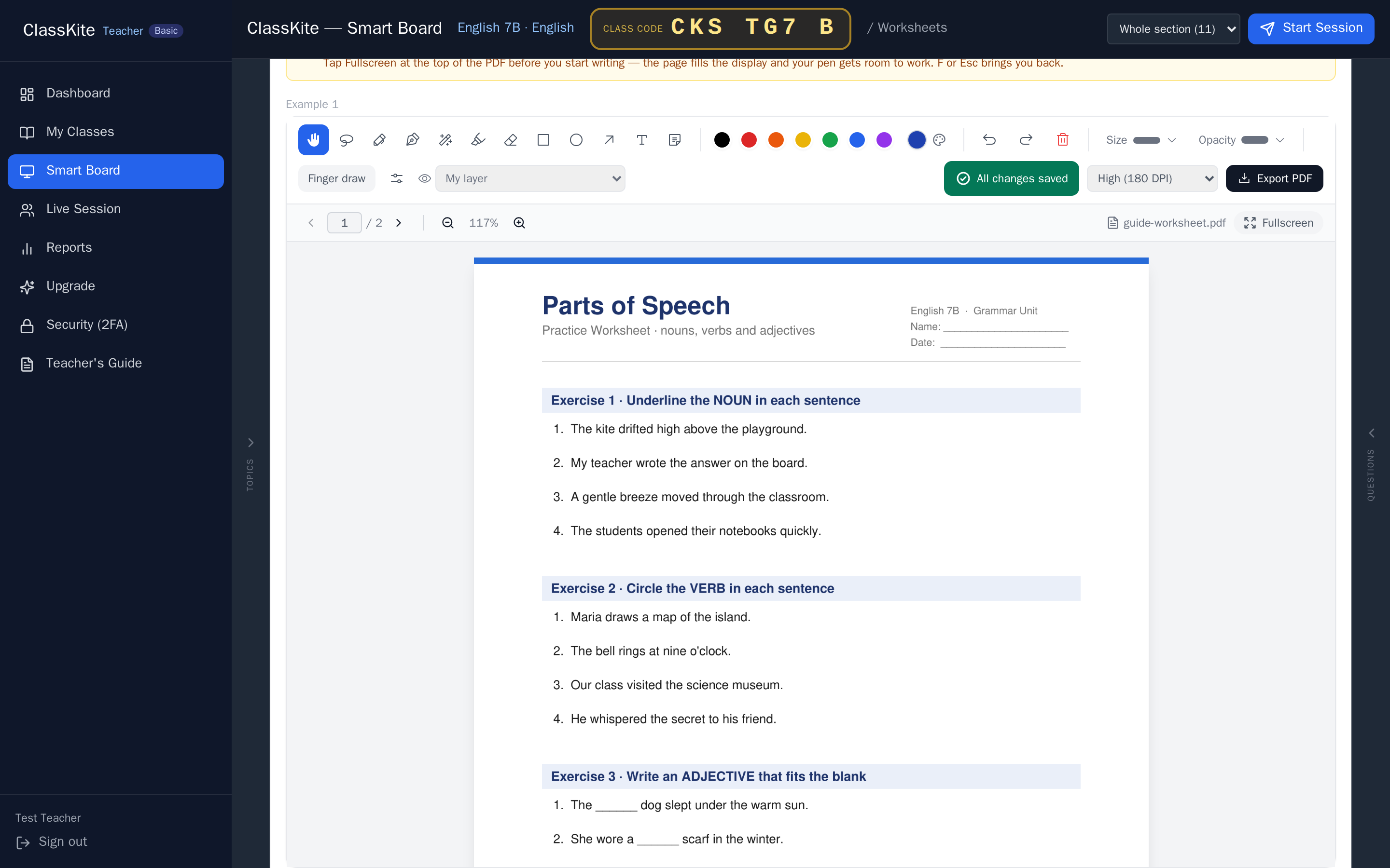 The Smart Board: the worksheet rendered with the annotation toolbar alongside.