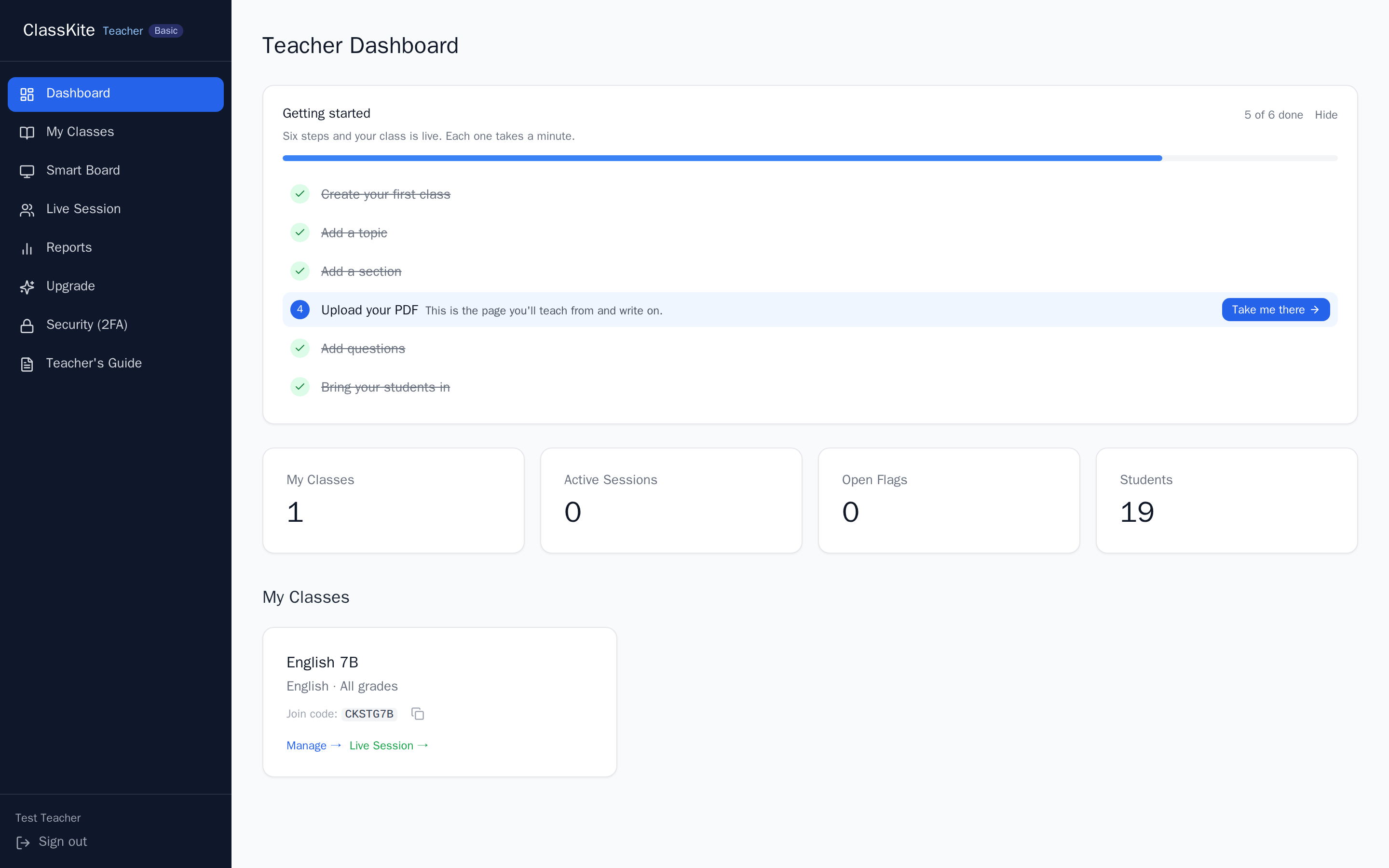 Your dashboard after signing in: classes, live sessions and reports are one click away in the left navigation.