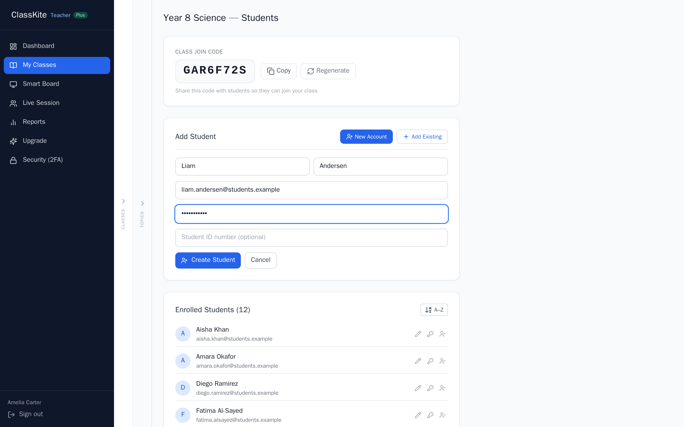 Creating a student account directly from the class roster