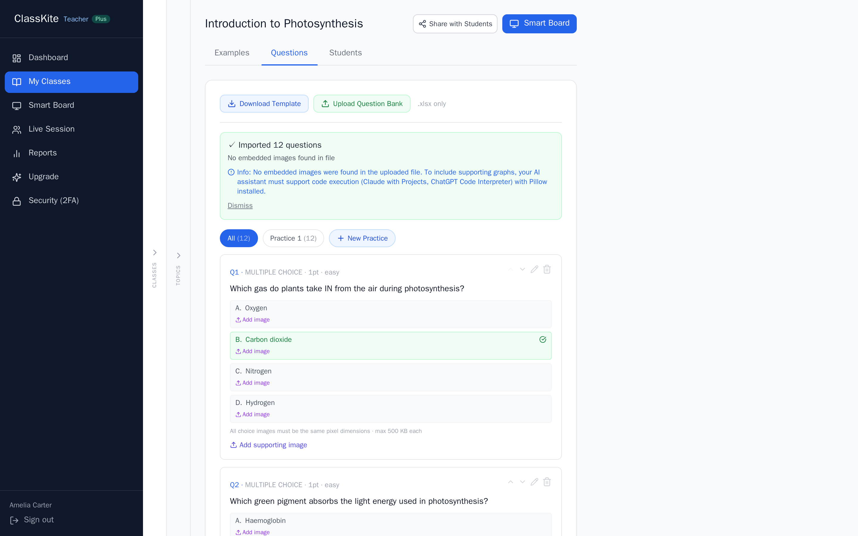ClassKite confirming twelve questions imported from an uploaded question bank