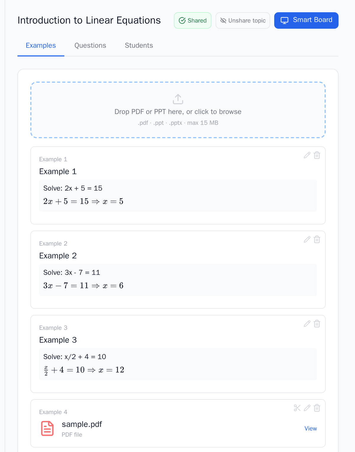 The ClassKite section editor: a drag-and-drop area to upload a PDF or PPT, with worked examples and an uploaded sample.pdf listed below.
