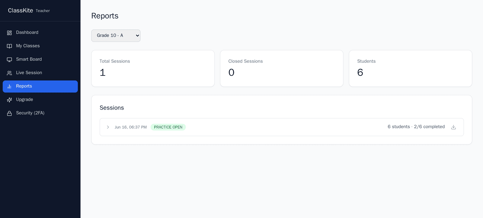 ClassKite reports for a class: summary tiles for total sessions, closed sessions and students, plus a log of practice sessions with completion counts and a download option.