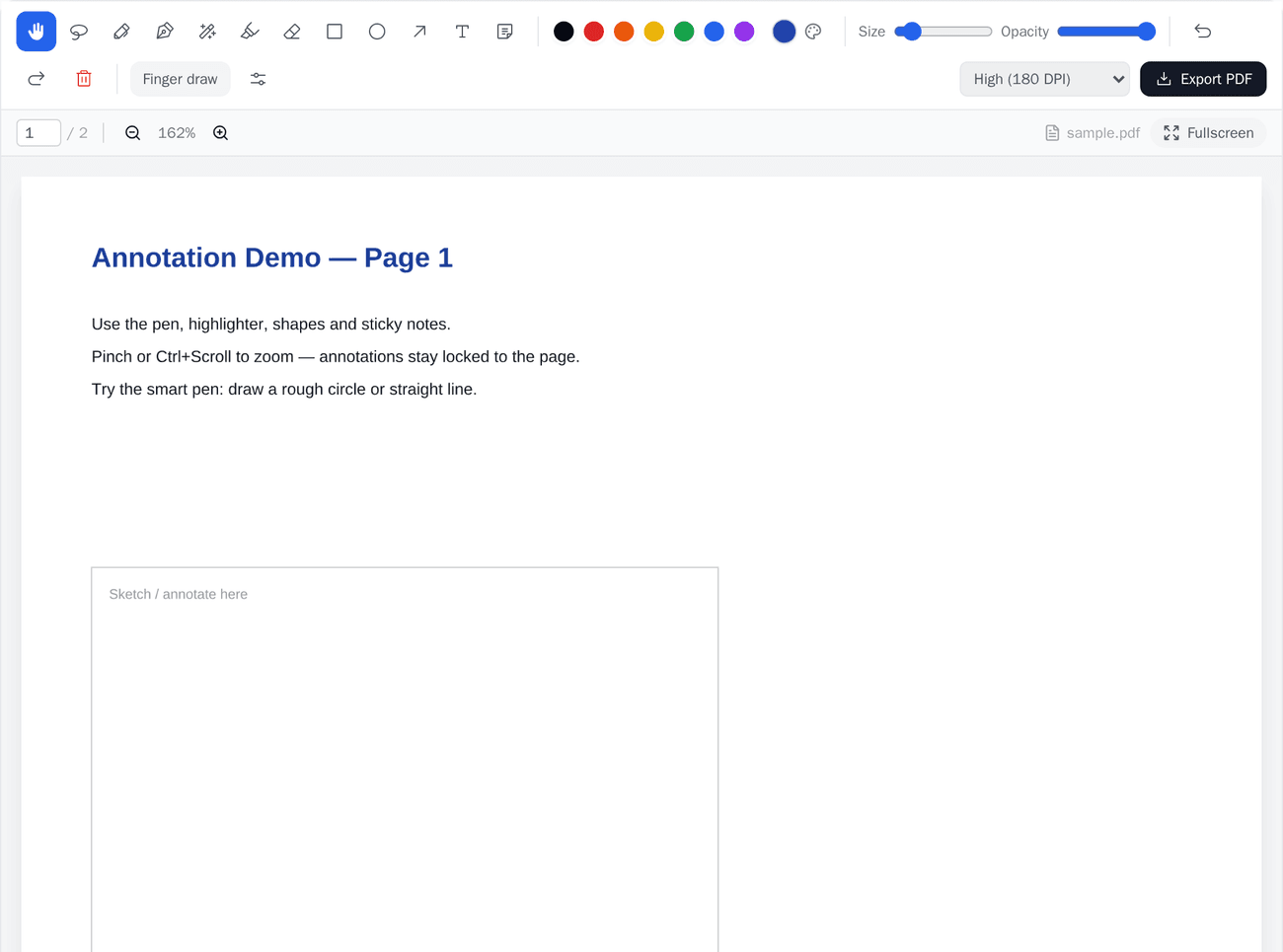 A PDF page open in ClassKite with the full annotation toolbar — pen, highlighter, shapes and colours — ready to teach from.